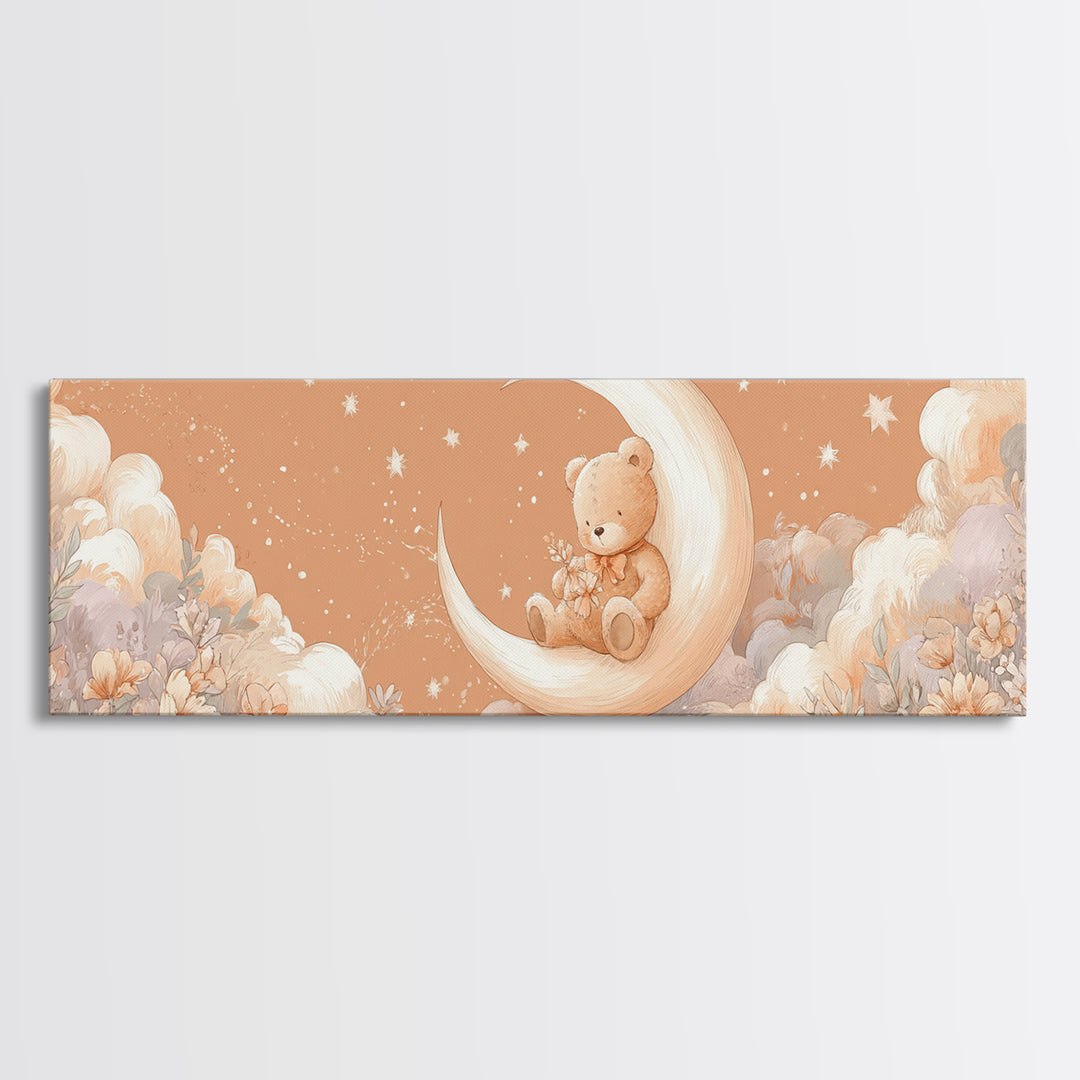 Baby Bear Floating on a Crescent Moon Canvas Print, Nursery Art, Luxury Decor, Nursery Decor, Oil Painting, Nursery, NUR-3x1-70