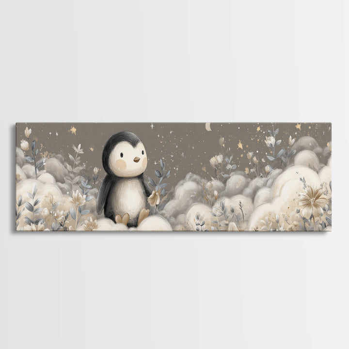 Penguin Holding a Little Heart Shape Framed Canvas Print, Nursery Art, Butterfly Wall Art, Nursery Decor, Fine Art, Nursery, NUR-3x1-74