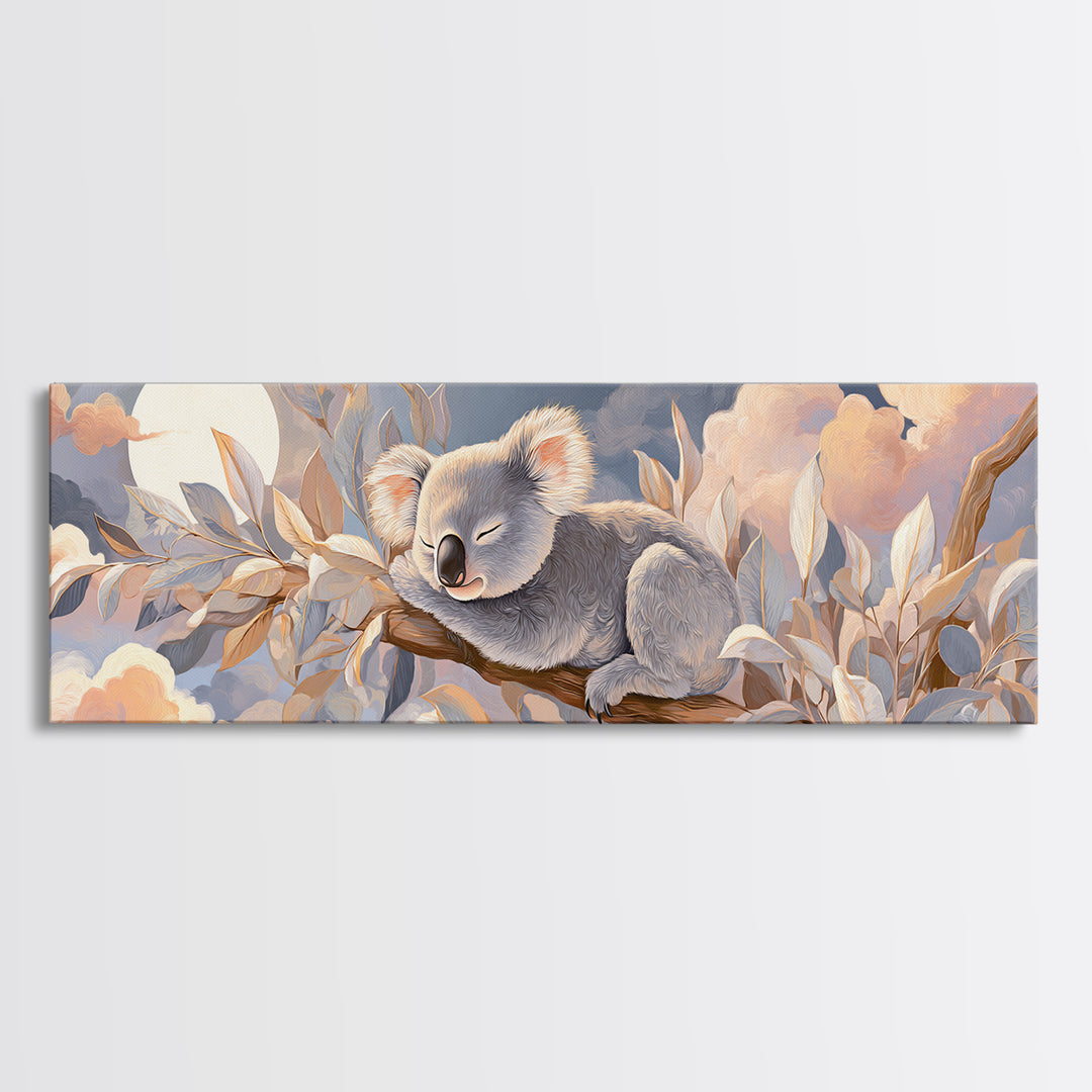 Sleeping Koala on Eucalyptus Branch Framed Canvas Print, Nursery Art, Watercolor Print, Nursery Decor, Oil Painting, Nursery, NUR-3x1-77
