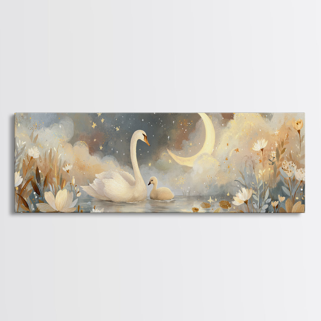 Swan and Cygnet Canvas Print, Nursery Art, Playroom Wall Art, Nursery Decor, Fine Art, Nursery, Statement Artwork, Boho Decor, NUR-3x1-8