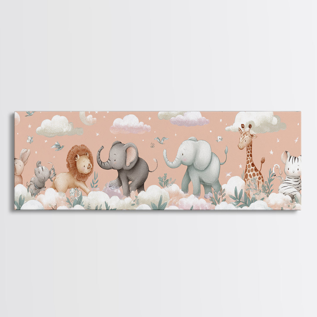 Pastel Jungle Animals Framed Canvas Print, Nursery Art, Nursery Prints, Nursery Decor, Fine Art, Nursery, Kids Wall Decor, NUR-3x1-82