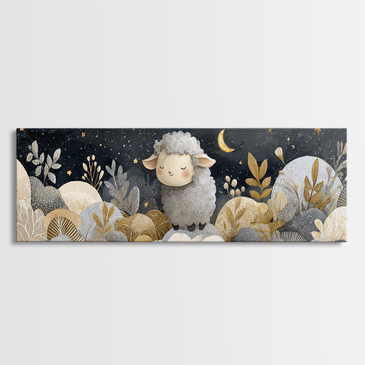 Little Lamb under a Starry Sky Canvas Print, Nursery Art, Nursery Decor, Fine Art, Nursery, Kids Wall Art, Woodland Nursery, NUR-3x1-83
