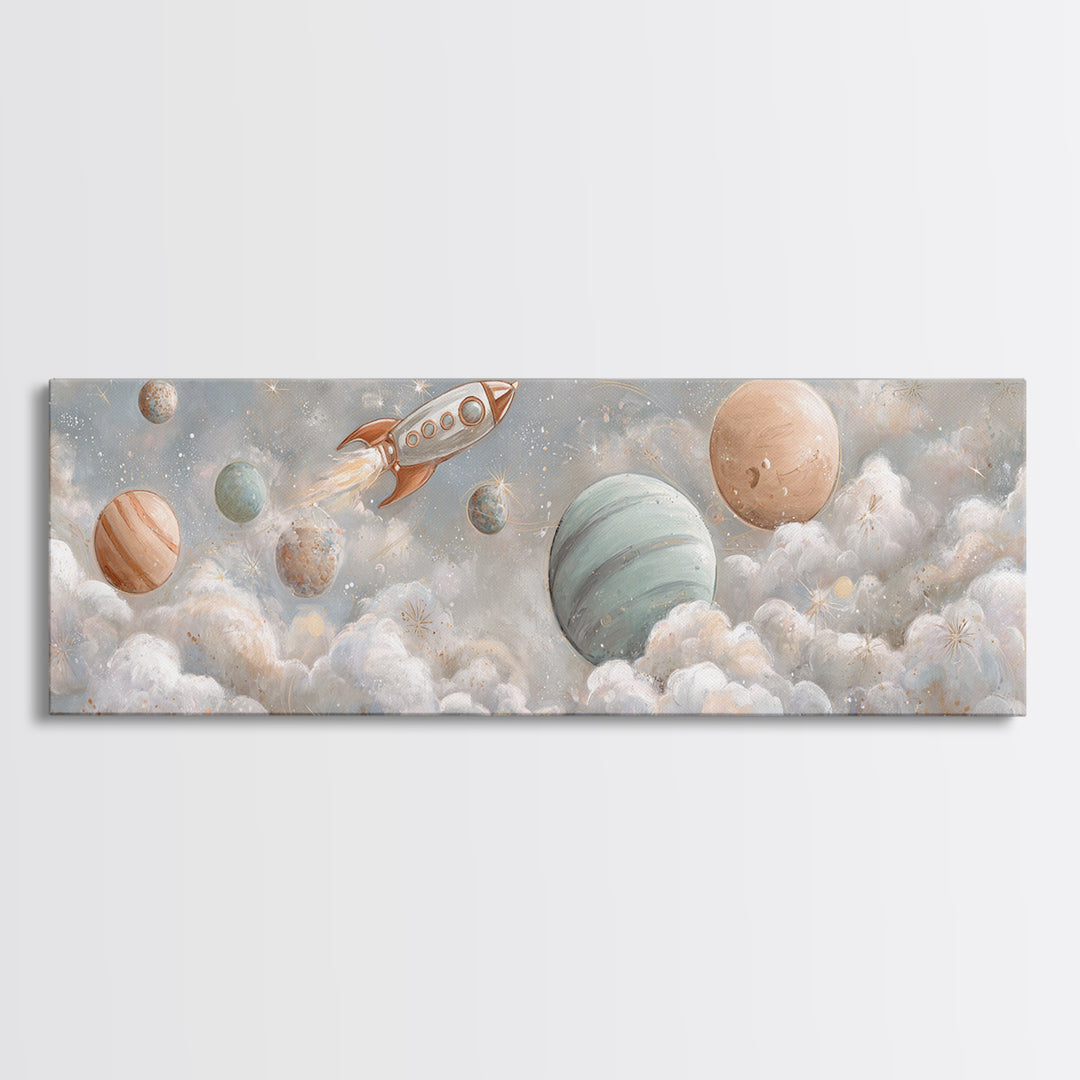 Rocket Ship and Smiling Planets Canvas Print, Nursery Art, Baby Girl Nursery, Nursery Decor, Oil Painting, Nursery, NUR-3x1-85