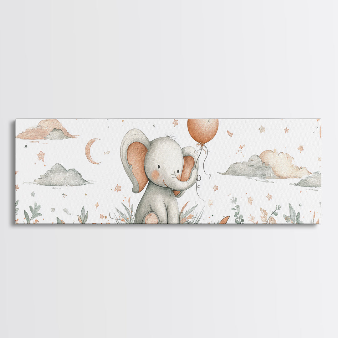 Sleepy Baby Elephant Holding a Tiny Balloon Framed Canvas Print, Nursery Art, Woodland Nursery Art, Nursery Decor, Oil Painting, NUR-3x1-89