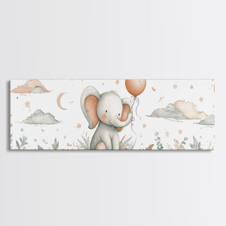 Sleepy Baby Elephant Holding a Tiny Balloon Framed Canvas Print, Nursery Art, Woodland Nursery Art, Nursery Decor, Oil Painting, NUR-3x1-89