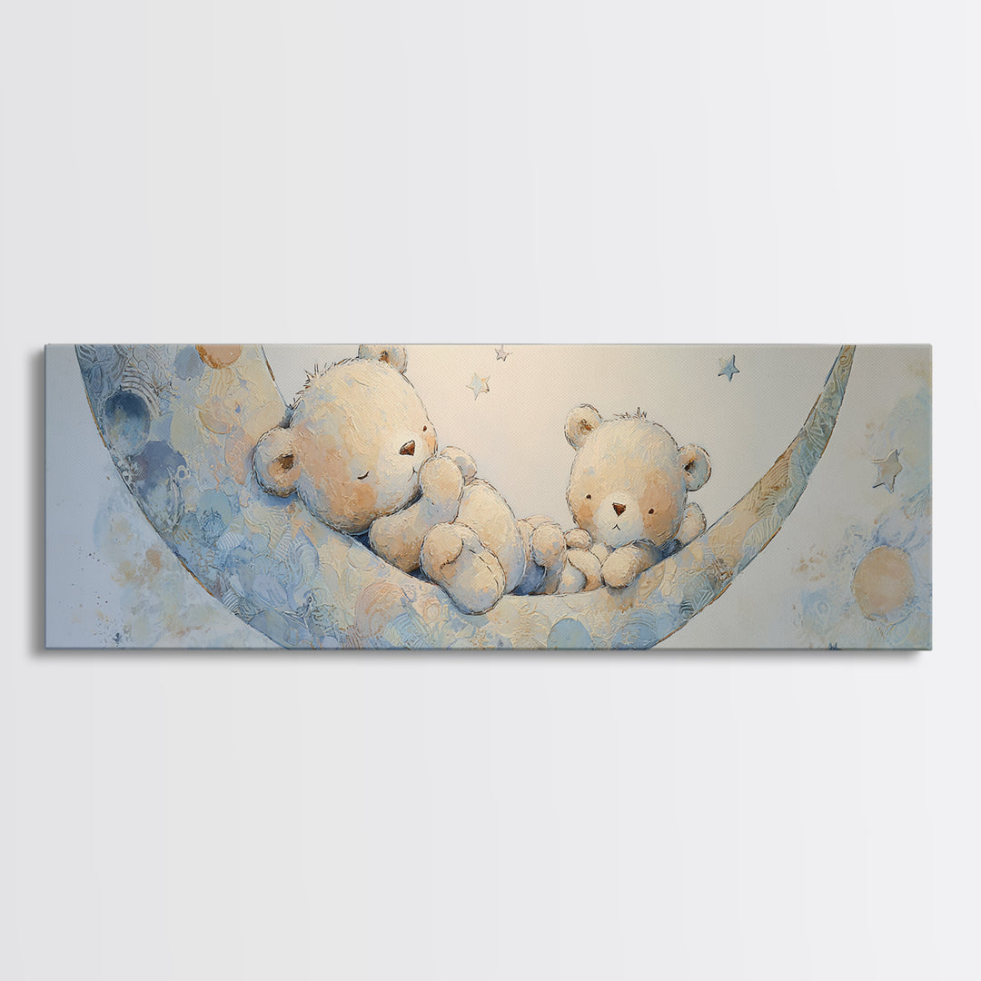 Baby Bear Floating on a Crescent Moon Canvas Print, Nursery Art, Digital Download Art, Nursery Decor, Watercolor Art, Nursery, NUR-3x1-94