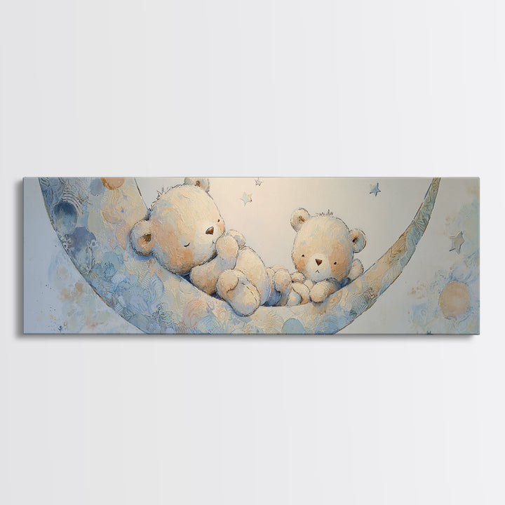 Baby Bear Floating on a Crescent Moon Canvas Print, Nursery Art, Digital Download Art, Nursery Decor, Watercolor Art, Nursery, NUR-3x1-94