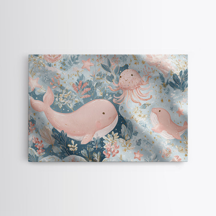 Friendly Ocean Creatures Framed Canvas Print, Nursery Art, Modern Decor, Nursery Decor, Fine Art, Nursery, Art Print, NUR-3x2-100