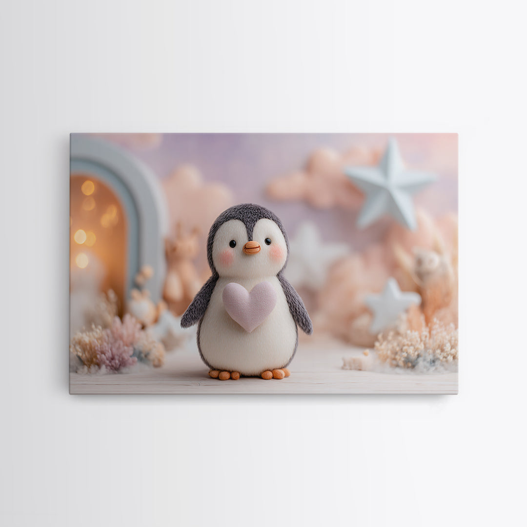 Penguin Holding a Little Heart Shape Framed Canvas Print, Nursery Art, Nursery Wall Art, Nursery Decor, Fine Art, Nursery, NUR-3x2-14