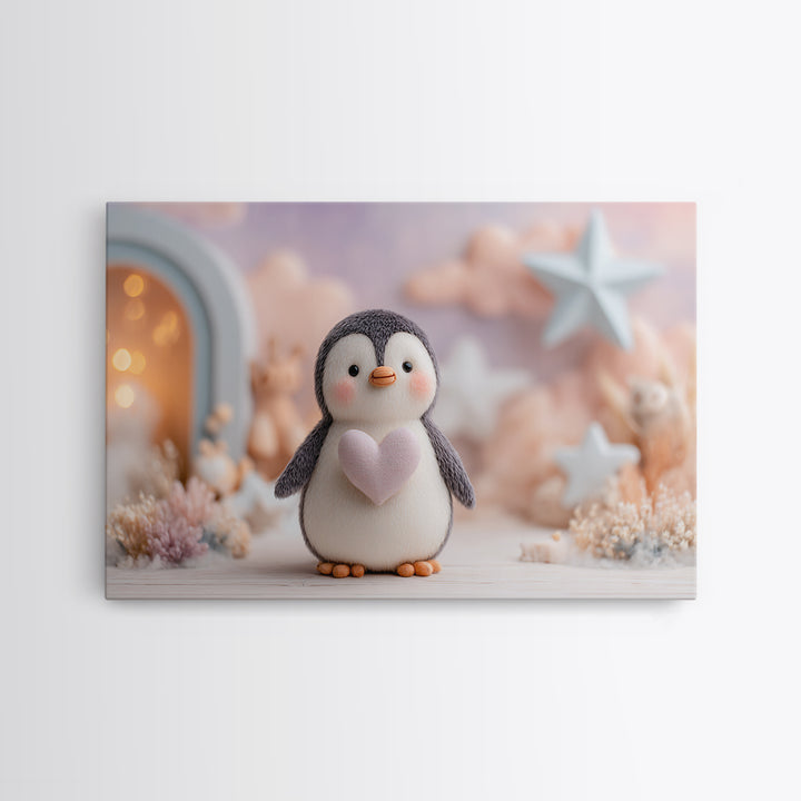 Penguin Holding a Little Heart Shape Framed Canvas Print, Nursery Art, Nursery Wall Art, Nursery Decor, Fine Art, Nursery, NUR-3x2-14