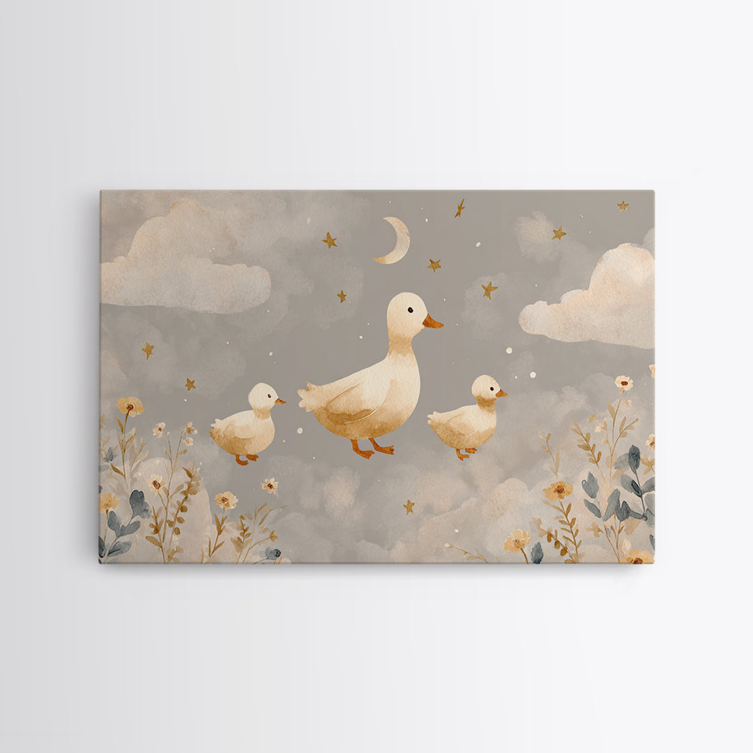 Ducklings Following a Mother Duck Framed Canvas Print, Nursery Art, Printable Art, Nursery Decor, Nursery, Watercolor Print, NUR-3x2-18