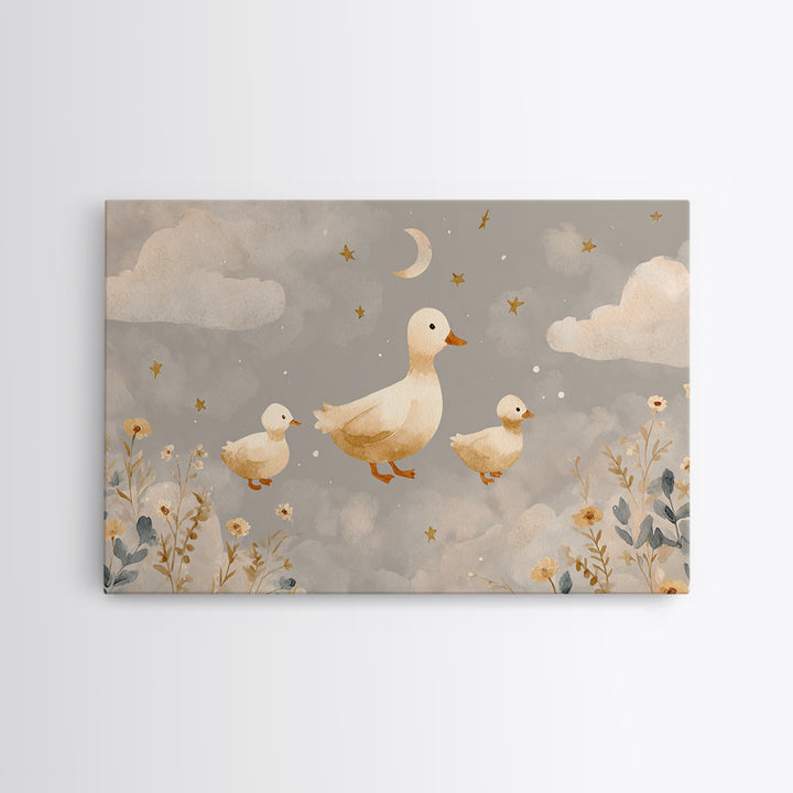 Ducklings Following a Mother Duck Framed Canvas Print, Nursery Art, Printable Art, Nursery Decor, Nursery, Watercolor Print, NUR-3x2-18