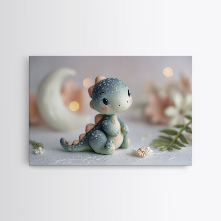 Tiny Dinosaur with Friendly Expression Framed Canvas Print, Nursery Art, Playroom Wall Art, Nursery Decor, Fine Art, Nursery, NUR-3x2-19