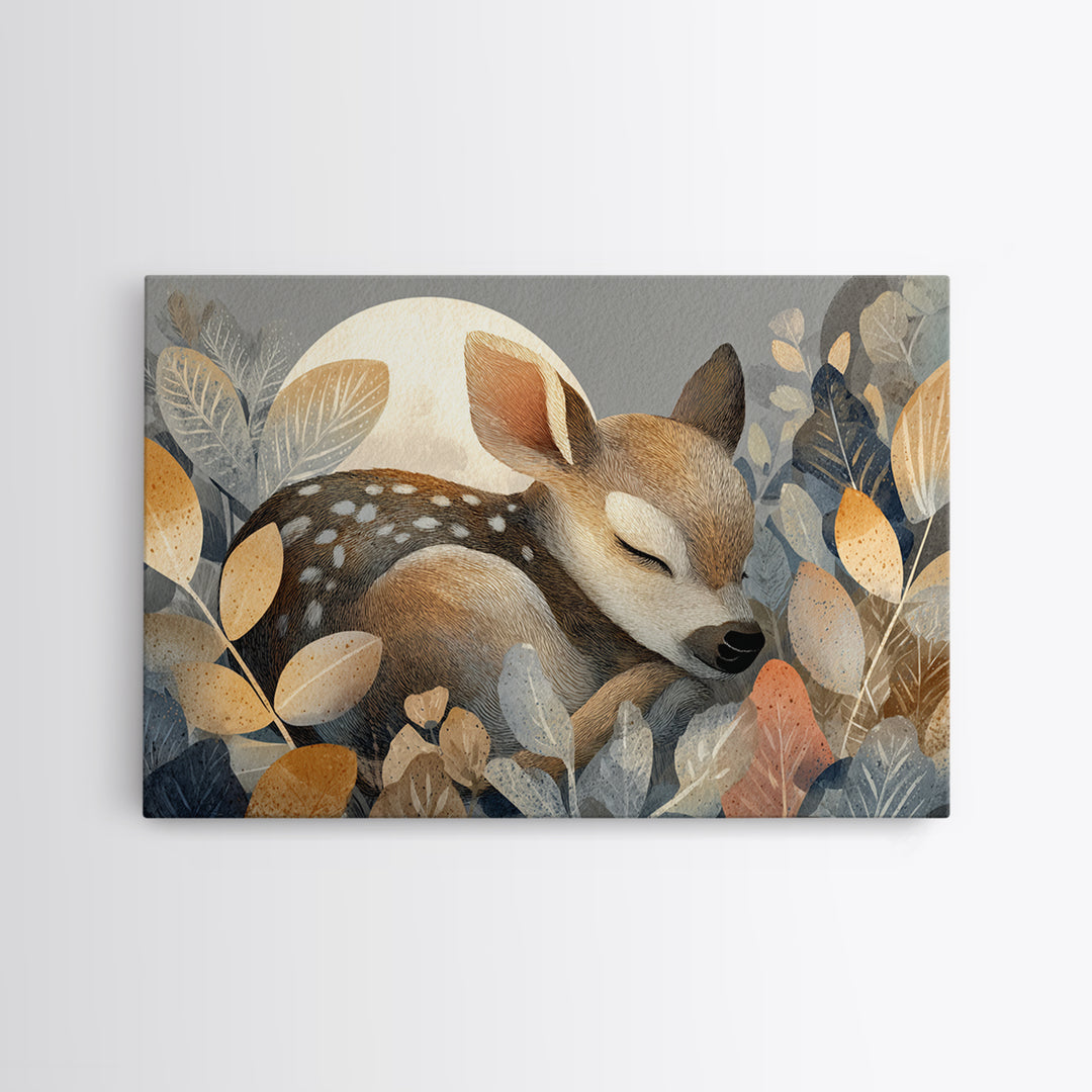Deer Fawn Sleeping Framed Canvas Print, Nursery Art, Woodland Nursery, Nursery Decor, Fine Art, Nursery, Gallery Decor, NUR-3x2-27