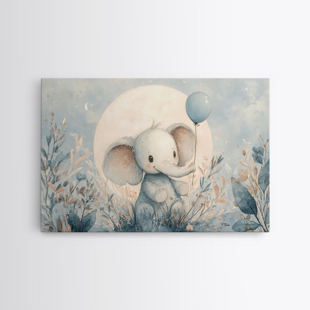 Sleepy Baby Elephant Holding a Tiny Balloon Canvas Print, Nursery Art, Kids Wall Decor, Nursery Decor, Fine Art, Nursery, NUR-3x2-29