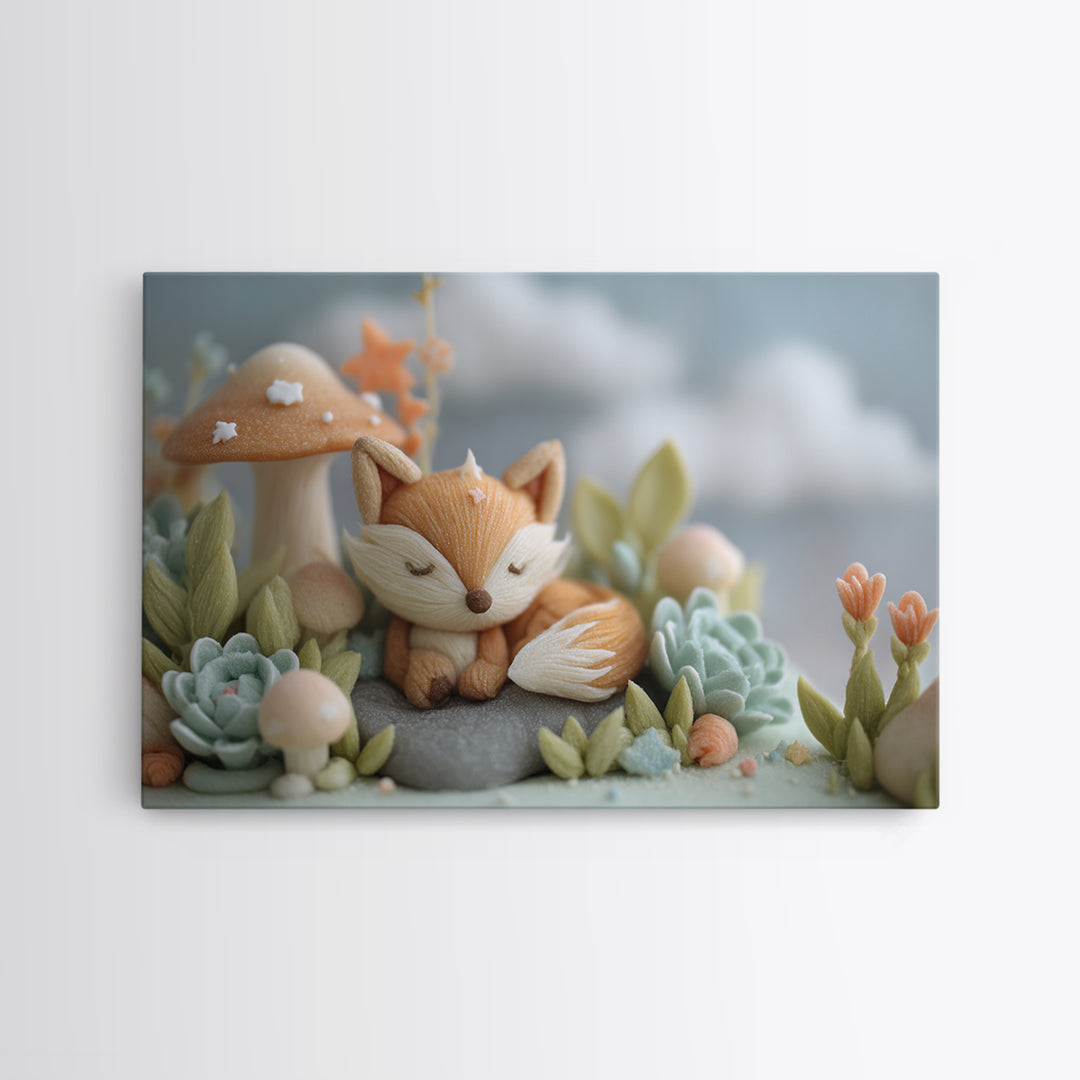 Woodland Fox Tucked Canvas Print, Nursery Art, Digital Download Art, Nursery Decor, Fine Art, Nursery, Whimsical Wall Art, NUR-3x2-32