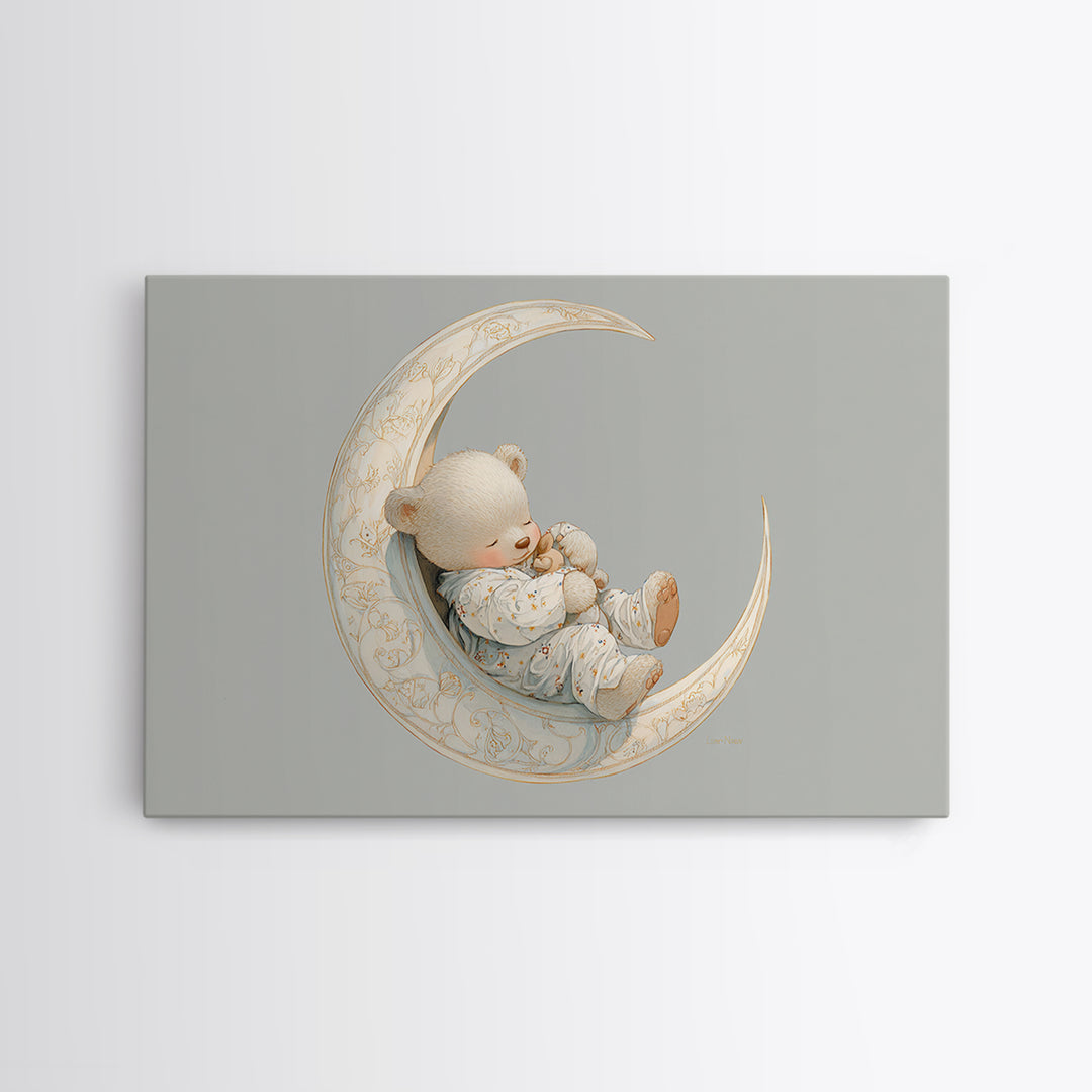 Baby Bear Floating on a Crescent Moon Canvas Print, Nursery Art, Digital Download Art, Nursery Decor, Watercolor Art, Nursery, NUR-3x2-34
