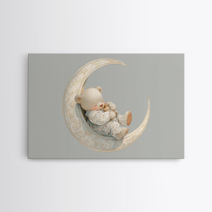 Baby Bear Floating on a Crescent Moon Canvas Print, Nursery Art, Digital Download Art, Nursery Decor, Watercolor Art, Nursery, NUR-3x2-34