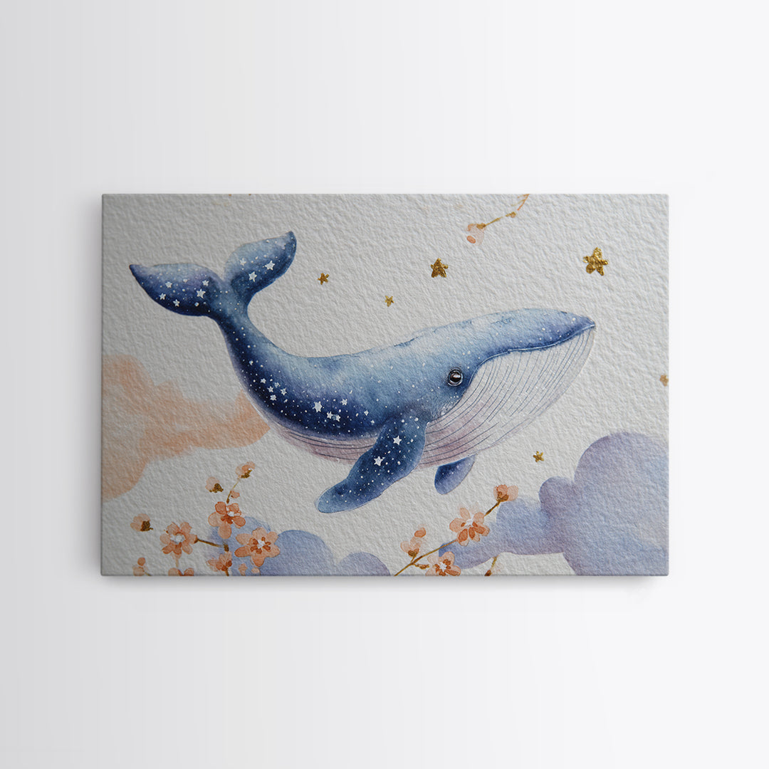Whale and Tiny Stars Framed Canvas Print, Nursery Art, Kids Wall Art, Nursery Decor, Fine Art, Nursery, Gallery Decor, NUR-3x2-36