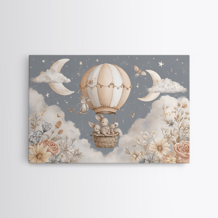Floating Hot Air Balloon Framed Canvas Print, Nursery Art, Woodland Nursery, Nursery Decor, Oil Painting, Nursery, NUR-3x2-40