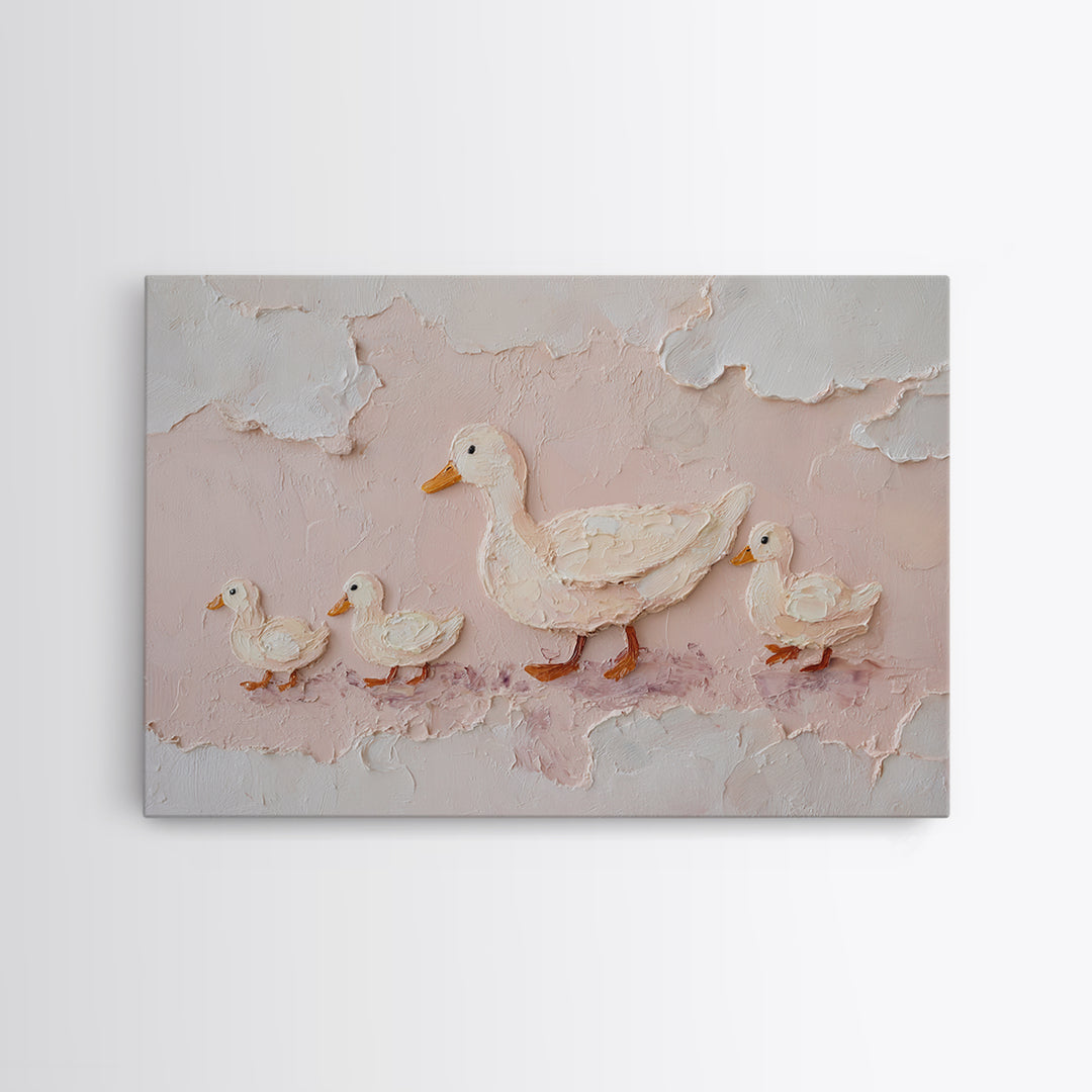 Ducklings Following a Mother Duck Canvas Print, Nursery Art, Playroom Decor, Nursery Decor, Oil Painting, Nursery, NUR-3x2-42