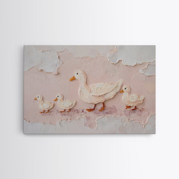 Ducklings Following a Mother Duck Canvas Print, Nursery Art, Playroom Decor, Nursery Decor, Oil Painting, Nursery, NUR-3x2-42