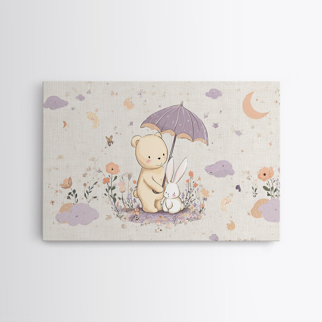 Bear and Rabbit Sharing Umbrella Framed Canvas Print, Nursery Art, Playroom Wall Art, Nursery Decor, Fine Art, Nursery, NUR-3x2-45