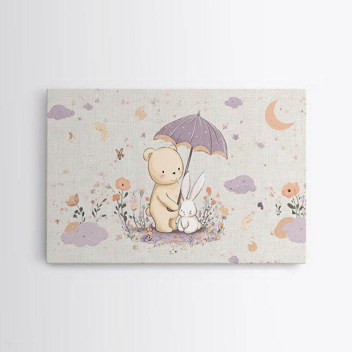 Bear and Rabbit Sharing Umbrella Framed Canvas Print, Nursery Art, Playroom Wall Art, Nursery Decor, Fine Art, Nursery, NUR-3x2-45