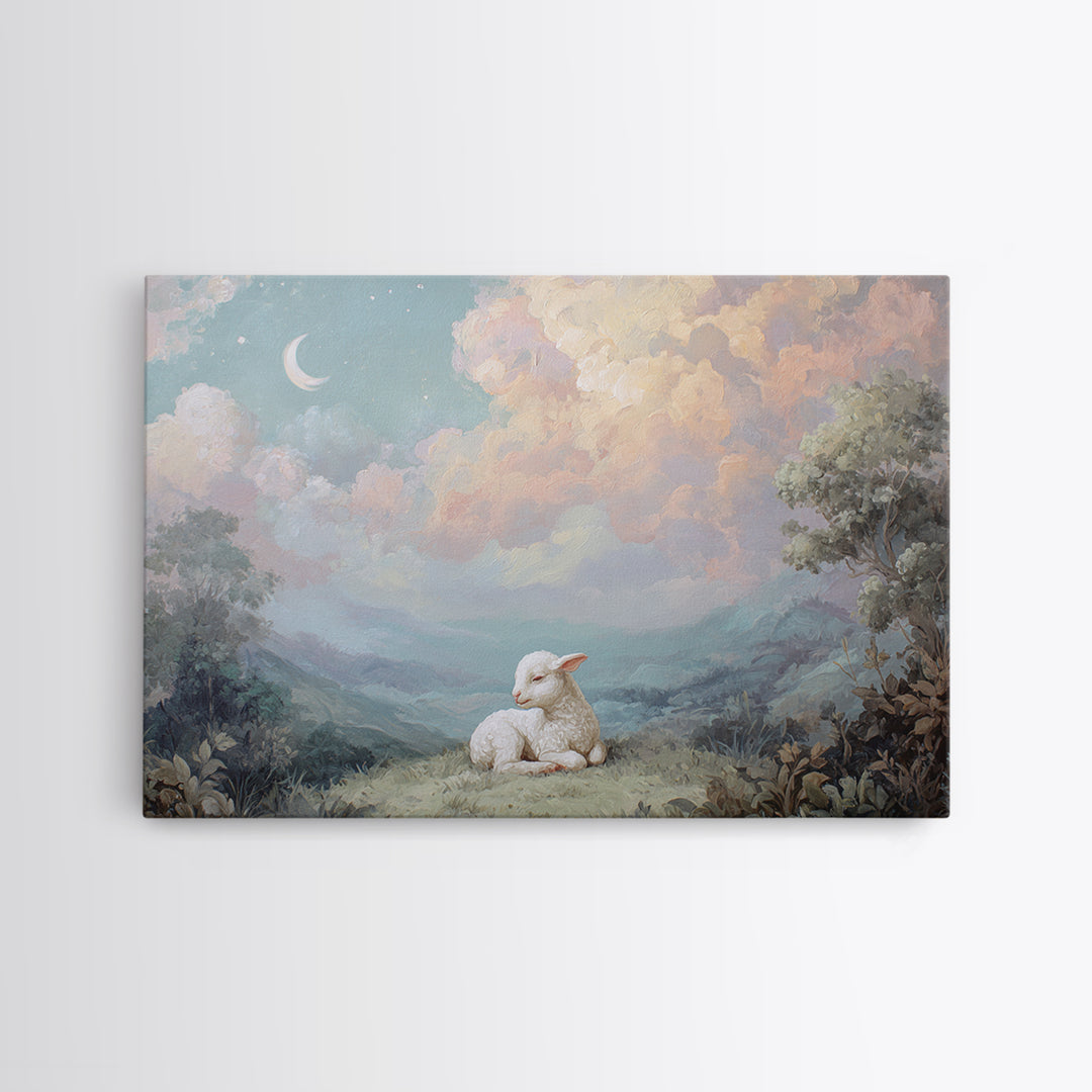 Little Lamb under a Starry Sky Framed Canvas Print, Nursery Art, Room Decor, Nursery Decor, Oil Painting, Nursery, NUR-3x2-47