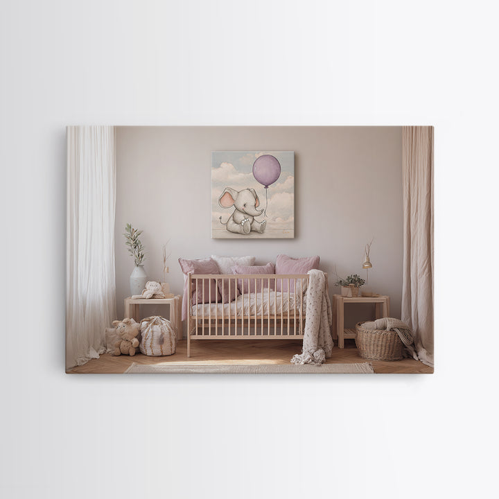 Sleepy Baby Elephant Holding a Tiny Balloon Framed Canvas Print, Nursery Art, Woodland Nursery, Nursery Decor, Nursery, NUR-3x2-5