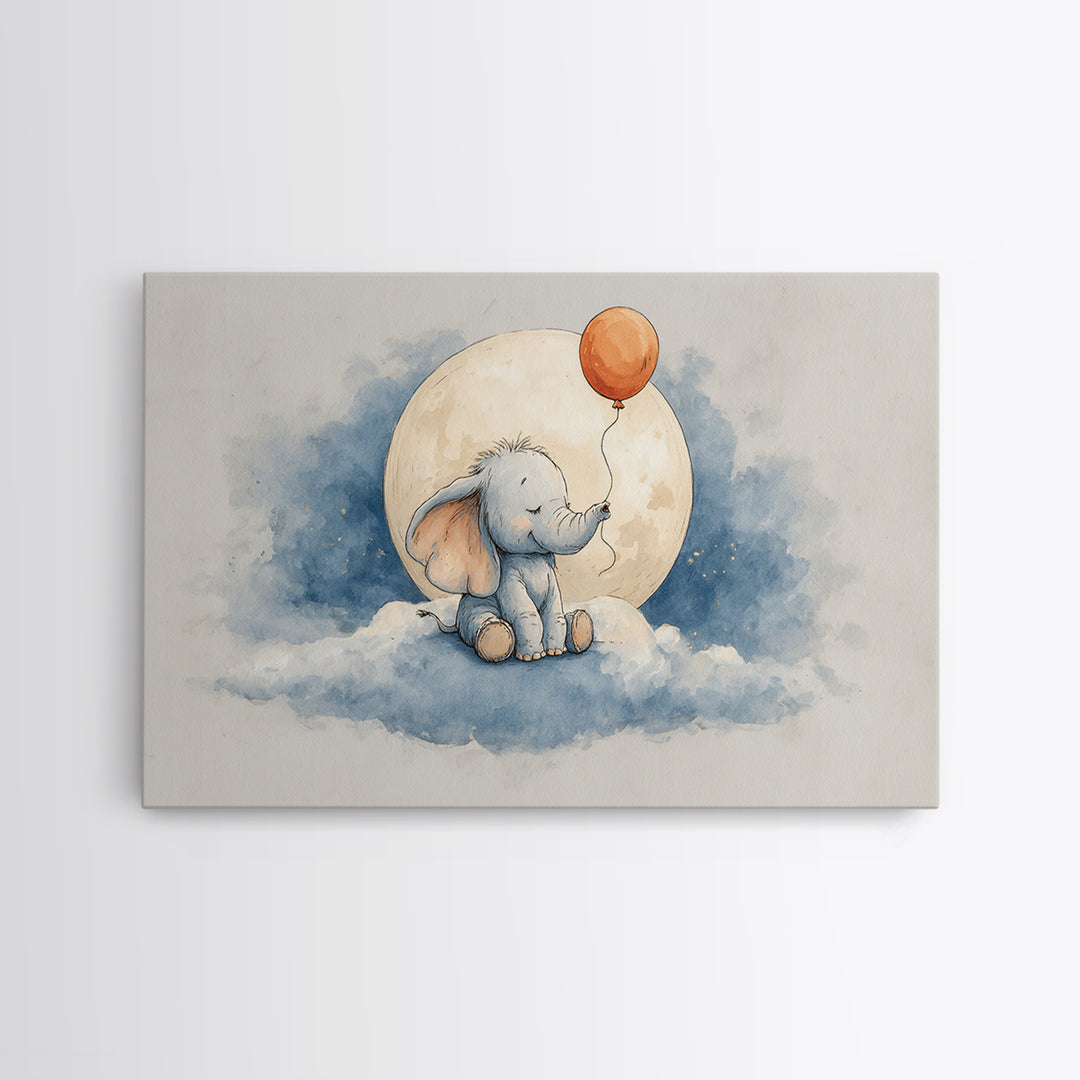 Sleepy Baby Elephant Holding a Tiny Balloon Canvas Print, Nursery Art, Kids Wall Decor, Nursery Decor, Fine Art, Nursery, NUR-3x2-53