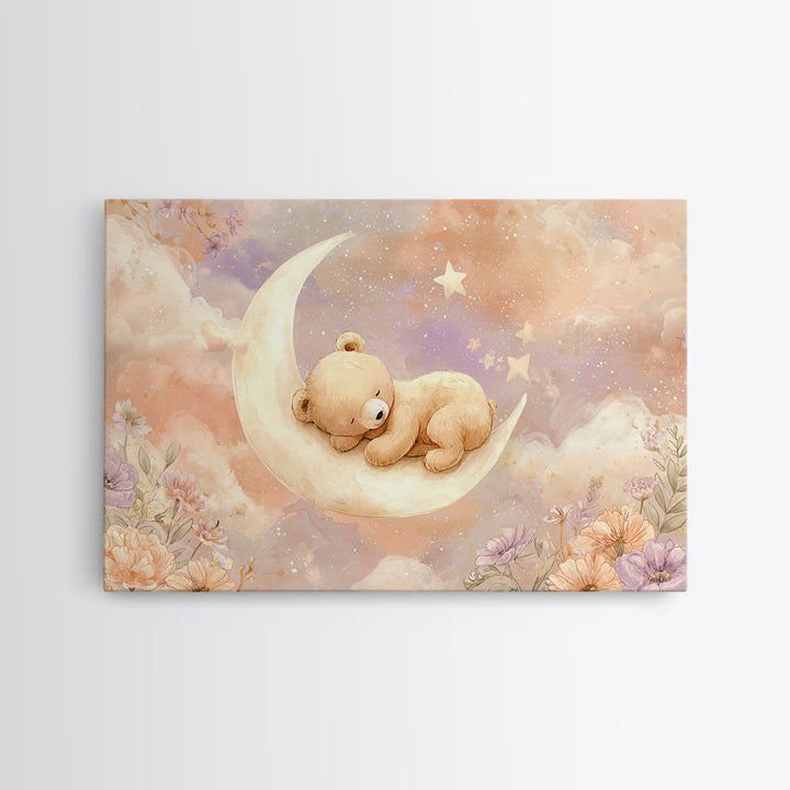 Baby Bear Floating on a Crescent Moon Canvas Print, Nursery Art, Digital Download Art, Nursery Decor, Watercolor Art, Nursery, NUR-3x2-58