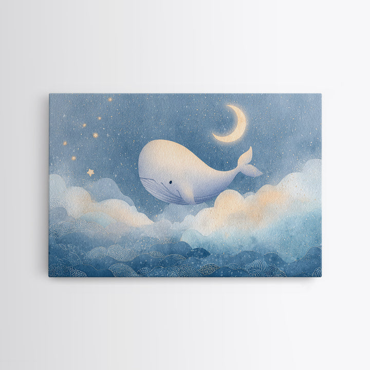 Whale and Tiny Stars Framed Canvas Print, Nursery Art, Whimsical Wall Art, Nursery Decor, Fine Art, Nursery, Minimalist Decor, NUR-3x2-60
