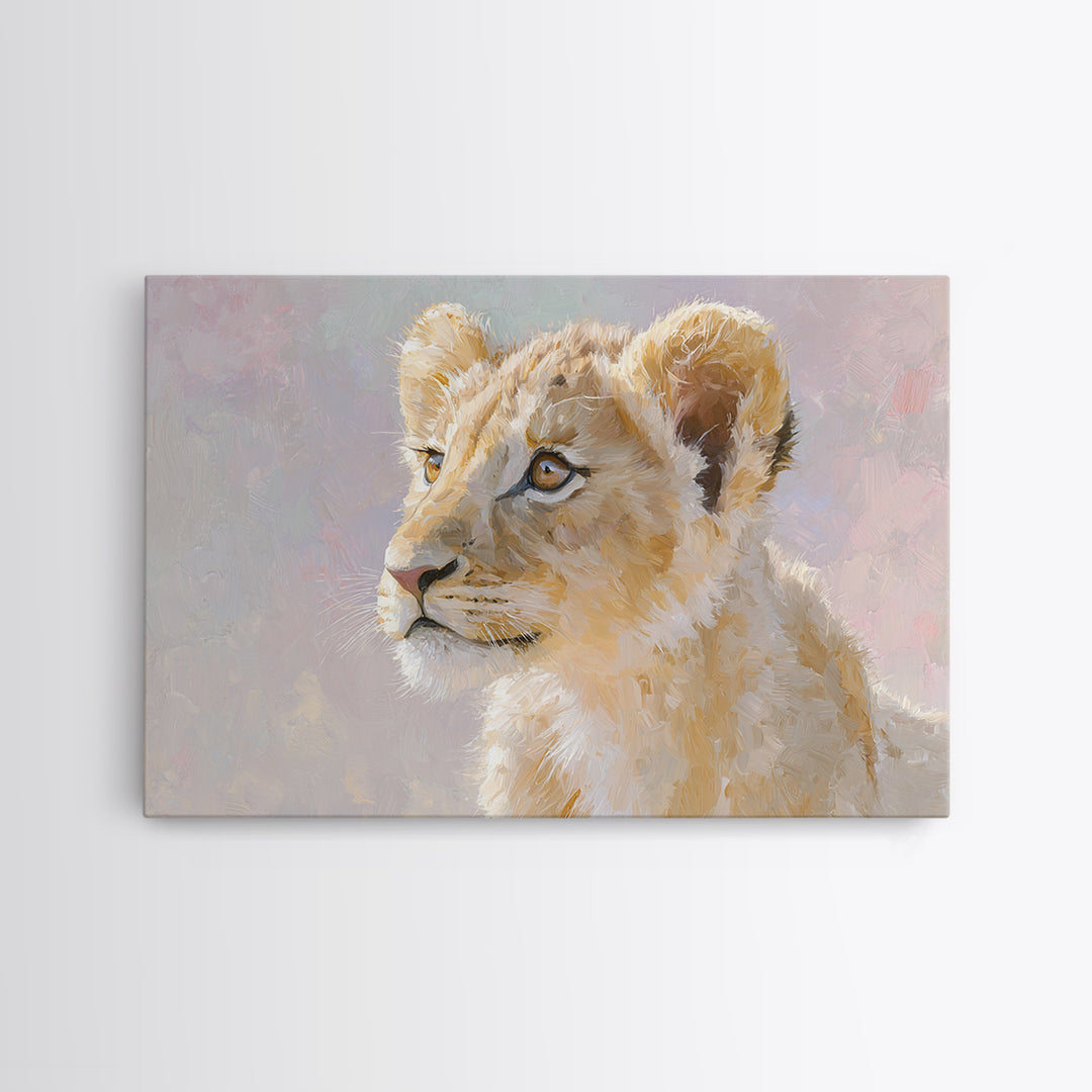 Lion Cub with Soft Golden Mane Canvas Print, Nursery Art, Playroom Wall Decor, Nursery Decor, Oil Painting, Nursery, NUR-3x2-61