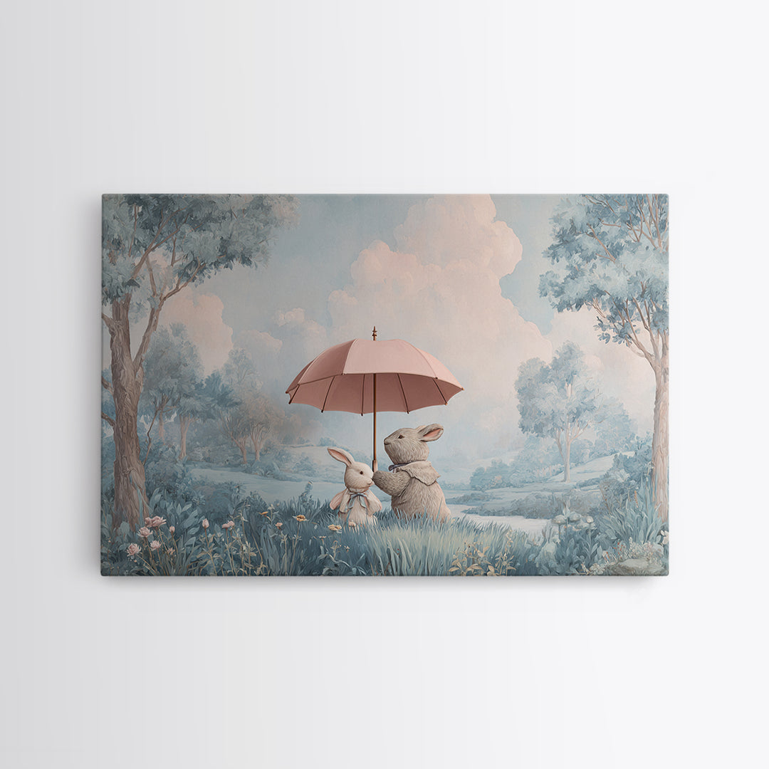 Bear and Rabbit Sharing Umbrella Framed Canvas Print, Nursery Art, Playroom Wall Art, Nursery Decor, Fine Art, Nursery, NUR-3x2-69