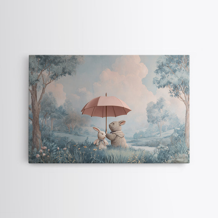 Bear and Rabbit Sharing Umbrella Framed Canvas Print, Nursery Art, Playroom Wall Art, Nursery Decor, Fine Art, Nursery, NUR-3x2-69
