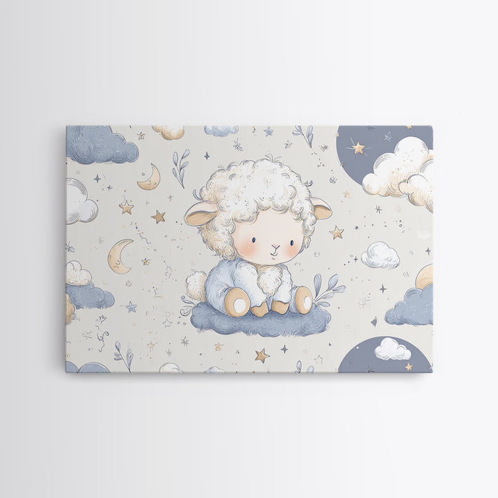 Little Lamb under a Starry Sky Framed Canvas Print, Nursery Art, Kids Wall Art, Nursery Decor, Watercolor Art, Nursery, NUR-3x2-71
