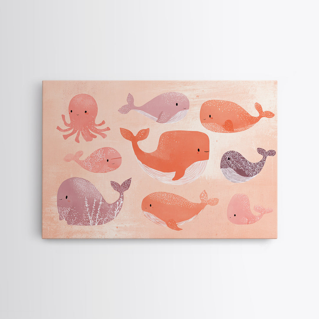 Friendly Ocean Creatures Canvas Print, Nursery Art, Kids Room Art, Nursery Decor, Fine Art, Nursery, Textured Painting, NUR-3x2-76