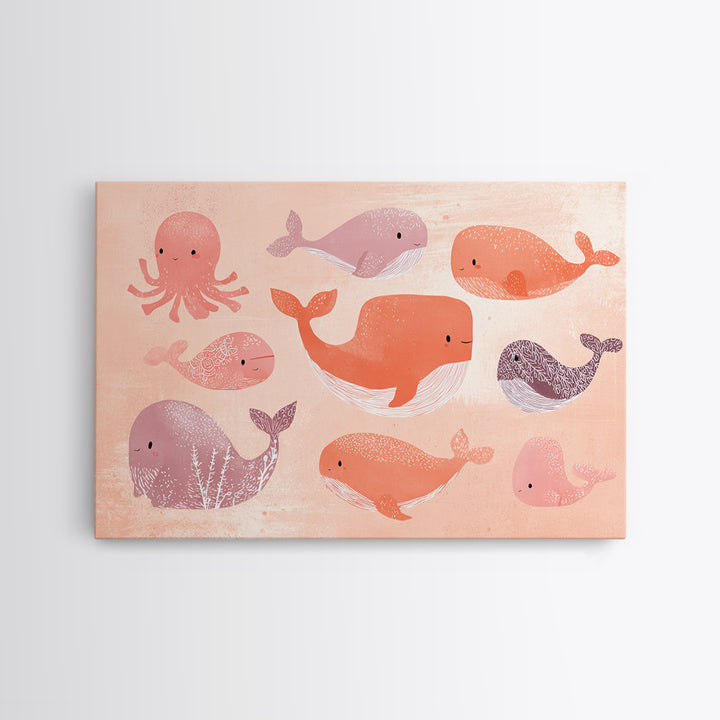 Friendly Ocean Creatures Canvas Print, Nursery Art, Kids Room Art, Nursery Decor, Fine Art, Nursery, Textured Painting, NUR-3x2-76