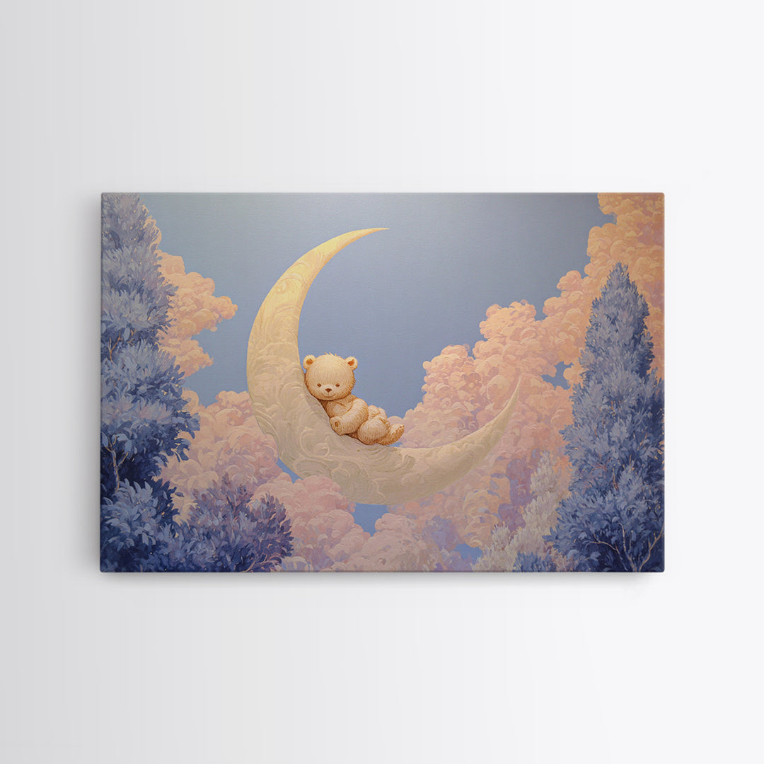 Baby Bear Floating on a Crescent Moon Framed Canvas Print, Nursery Art, Playroom Wall Art, Nursery Decor, Oil Painting, Nursery, NUR-3x2-82
