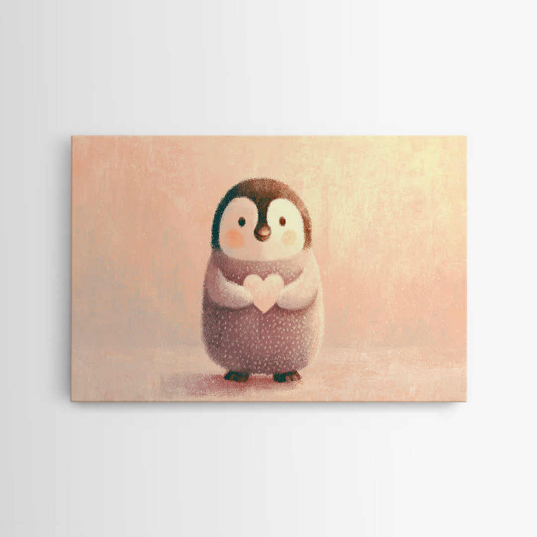 Penguin Holding a Little Heart Shape Framed Canvas Print, Nursery Art, Kids Wall Art, Nursery Decor, Abstract Art, Nursery, NUR-3x2-86