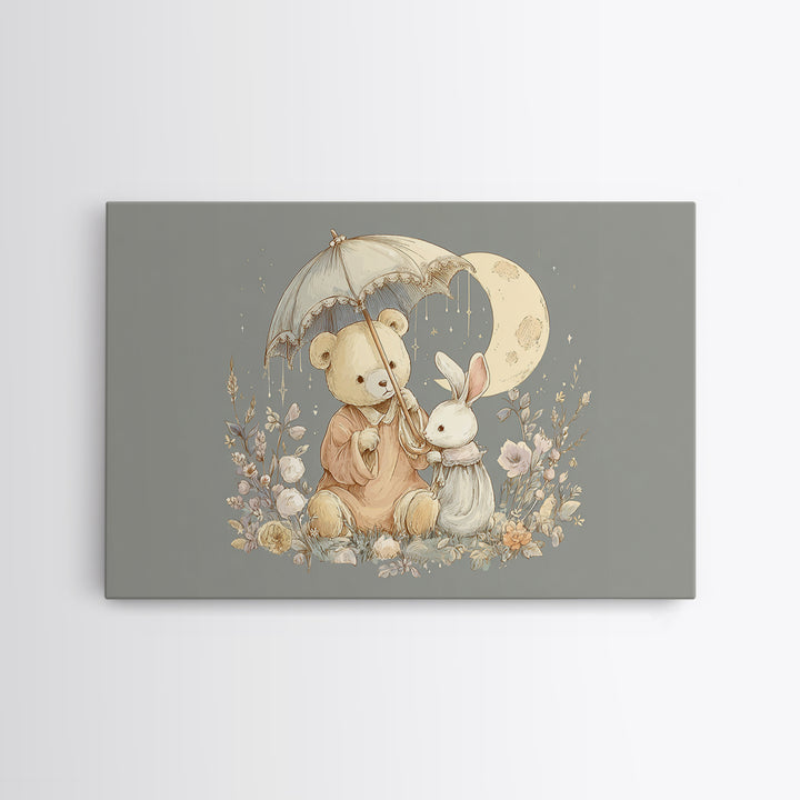 Bear and Rabbit Sharing Umbrella Canvas Print, Nursery Art, Woodland Nursery Art, Nursery Decor, Fine Art, Nursery, NUR-3x2-93