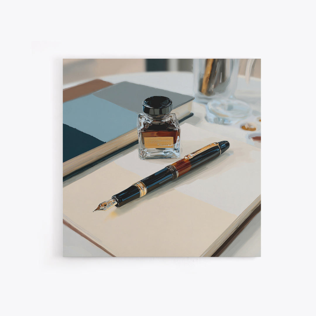 Fountain Pen and Notebook Still Life Without Canvas Print, Office Art, Ai Art, Office Decor, Oil Painting, Focus, OFF-1x1-22