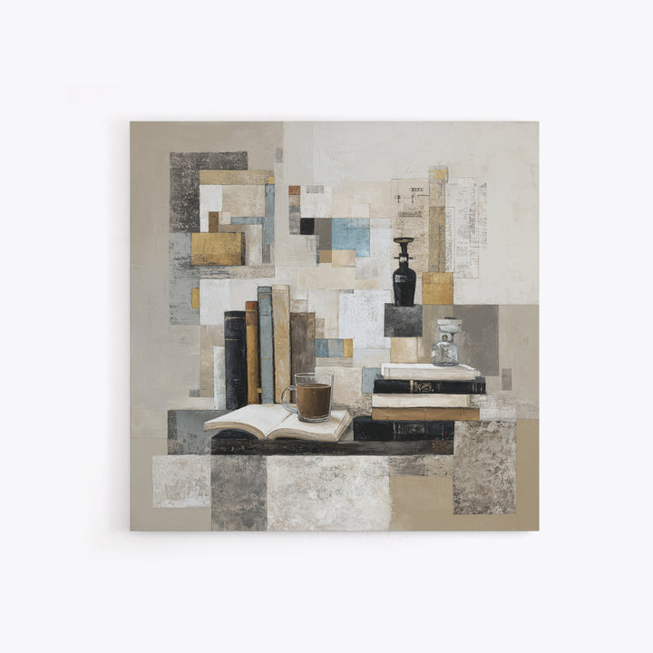 Books and Coffee Still Life Framed Canvas Print, Office Art, Statement Artwork, Office Decor, Abstract Art, Focus, Wall Decor, OFF-1x1-57