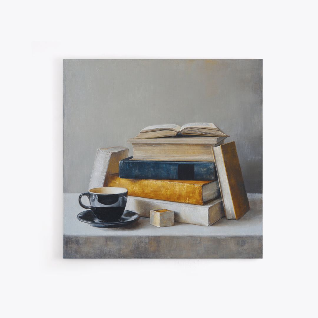 Books and Coffee Still Life Canvas Print, Office Art, Textured Painting, Office Decor, Focus, Printables, Digital Wall Art, OFF-1x1-81