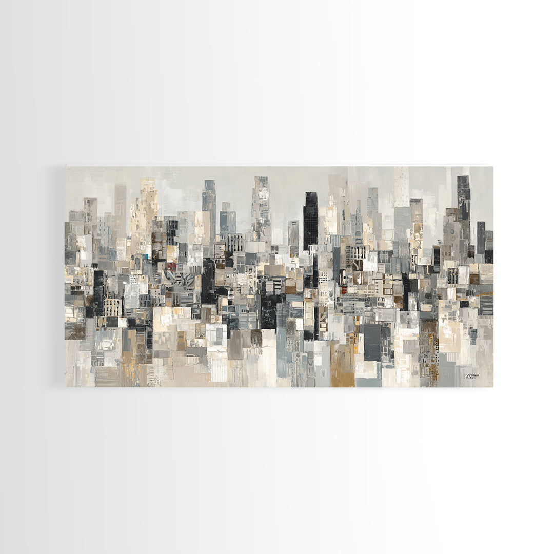 Black and White City Skyline Silhouette Framed Canvas Print, Office Art, Home Decor, Office Decor, Fine Art, Focus, Art Deco, OFF-2x1-1