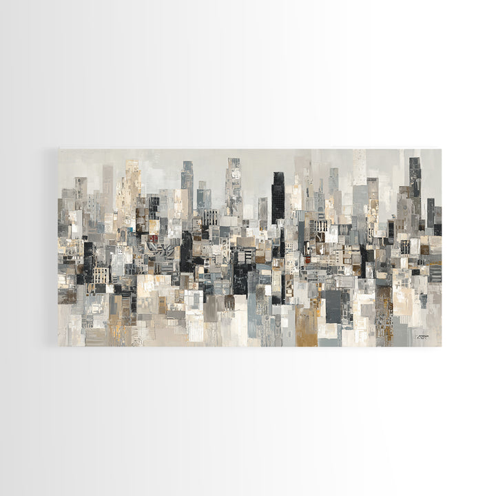 Black and White City Skyline Silhouette Framed Canvas Print, Office Art, Home Decor, Office Decor, Fine Art, Focus, Art Deco, OFF-2x1-1