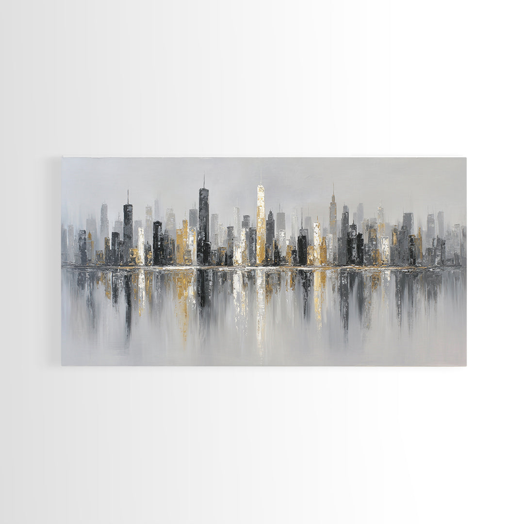 Black and White City Skyline Silhouette Framed Canvas Print, Office Art, Home Decor, Office Decor, Fine Art, Focus, Art Deco, OFF-2x1-25