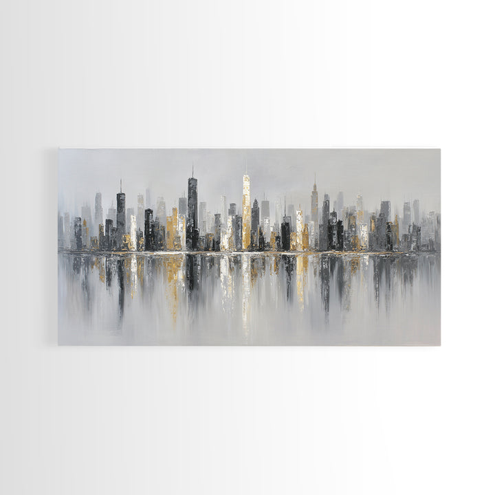 Black and White City Skyline Silhouette Framed Canvas Print, Office Art, Home Decor, Office Decor, Fine Art, Focus, Art Deco, OFF-2x1-25