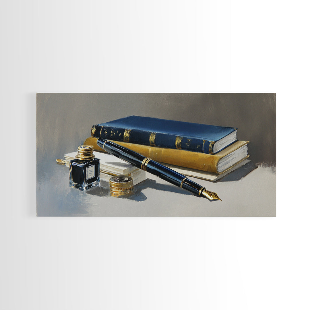 Fountain Pen and Notebook Still Life Without Framed Canvas Print, Office Art, Poster, Office Decor, Oil Painting, Focus, OFF-2x1-90